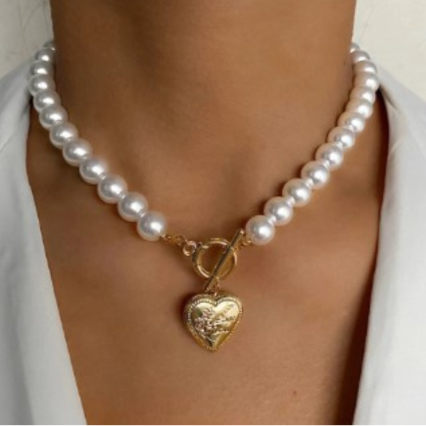 Pearl Necklace with I Love You Heart, Toggle Clasp. Womens Jewelry