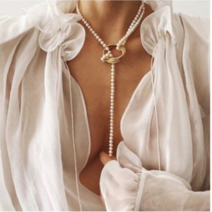 Womens Pearl Necklace with Long Drop and Flow Through Gold Ring Zabardo Fashion Jewelry