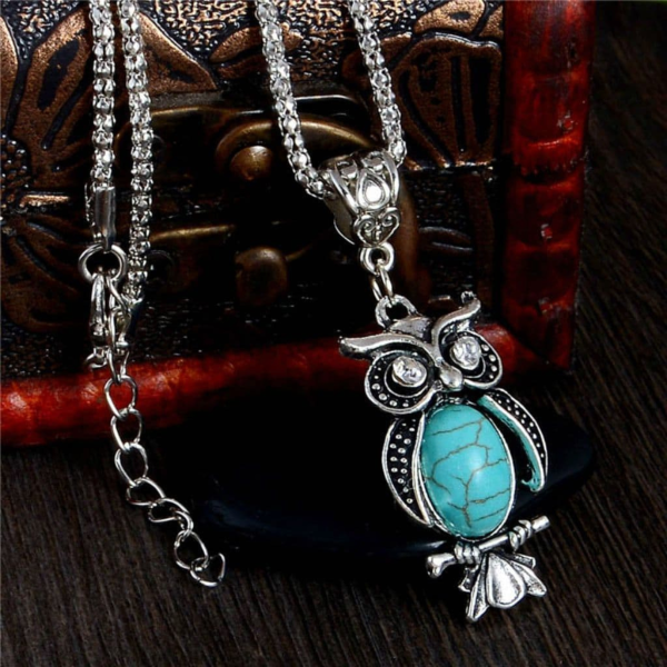 Vintage Style Owl Necklace with Rhinestone Eyes and Turquoise Stone
