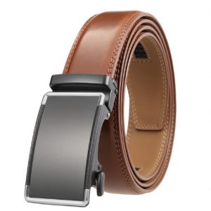 Mens Brown Belt with Modern Black & Silver Automatic Buckle Imag Zabardo