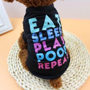 Cute Dog T Shirt with Funny Slogan, Dog Clothes - Eat, Sleep, Play, Poop, Repeat