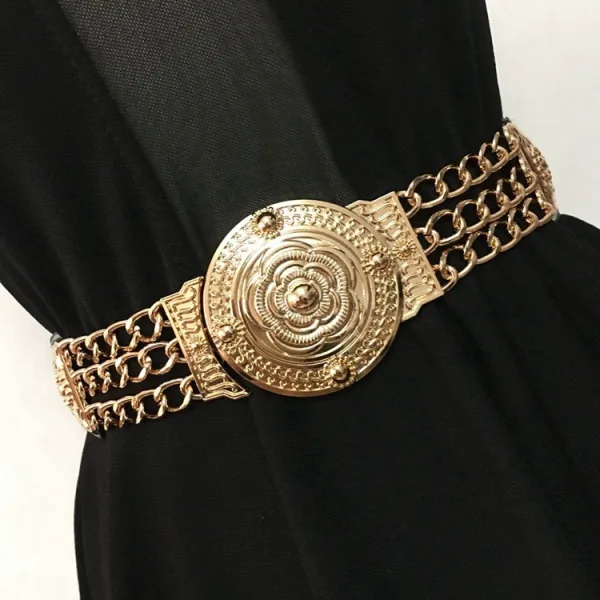 Women's Wide Gold Chain Stretch Belt with Round Buckle