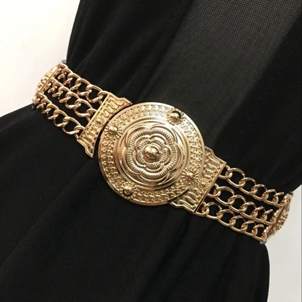 Women's Wide Gold Chain Stretch Belt with Round Buckle - Image 2